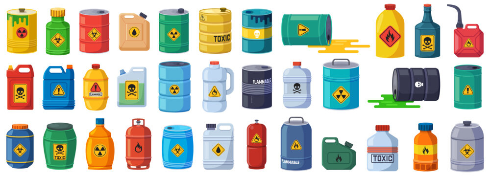 Flammable waste set. Container with chemical explosive substance. Toxic chemical, vector illustration set