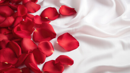 Red rose petals on the silk background