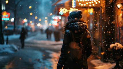 woman walking on the street at night in the snowfall