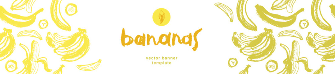 Vector bananas banner template with sketch bananas seamless pattern. Banana label backdrop. Bananafruit ornament. Yellow fruits label design.