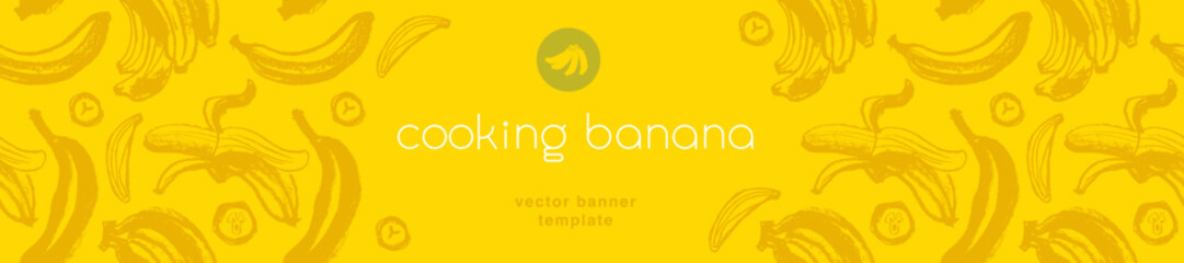 Vector bananas banner template with sketch bananas seamless pattern. Banana label backdrop. Bananafruit ornament. Yellow fruits label design. - obrazy, fototapety, plakaty
