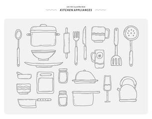 Cutlery and Cooking Equipment Vector Illustration, Hand Drawn Style.