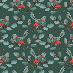 hand drawn seamless pattern with bird and leaves. vector illustration