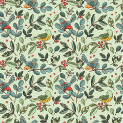 hand drawn seamless pattern with bird and leaves. vector illustration