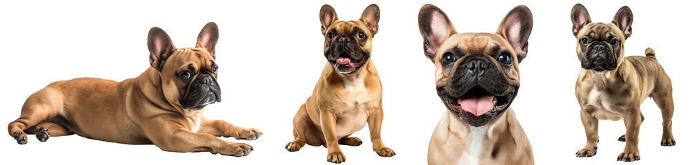 Happy brown French bulldog collection (lying, sitting, portrait, standing) isolated on a white background