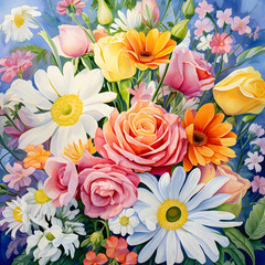 Delicate watercolor flowers in full bloom, showcasing a colorful bouquet of roses, tulips, and daisies, full frame.no.02