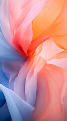 A close-up of a bright flower petal, with fiery orange and calm blue colors. Meditation and relaxation. Abstract background. A mixture of two elements