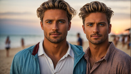 portrait of two blonde handsome men at the beach - obrazy, fototapety, plakaty