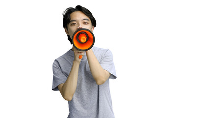 A guy in a gray T-shirt, on a white background, close-up, with a megaphone