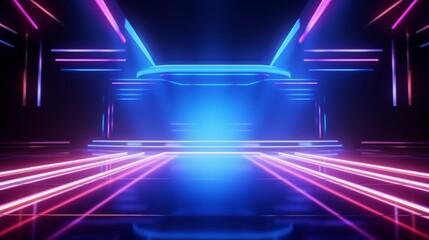 Abstract background with neon lights of different colors on stage on blue background