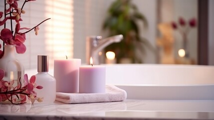 Abstract blur interior bathroom aroma candles with sink for show, display concept