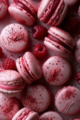 Obraz na płótnie Canvas Delicate pink macarons adorned with juicy red raspberries create a delectable treat for the eyes and taste buds