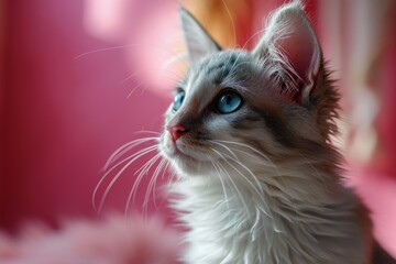 A stunning malayan cat with piercing blue eyes gazes out from its indoor abode, its fluffy fur and delicate whiskers adding to its regal demeanor - obrazy, fototapety, plakaty