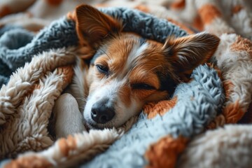 A content brown dog of a particular breed enjoys a peaceful slumber on a cozy indoor bed, nestled in a soft blanket