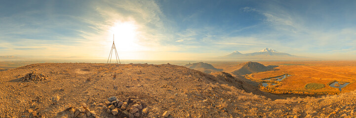 180 degree top hill panoramic view of sunrise with closeup of Ararat mountains with the Khor Virap...
