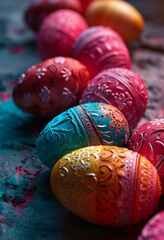 Vibrant Easter eggs gather in a festive display, adorned with intricate designs for the joyous holiday of easter