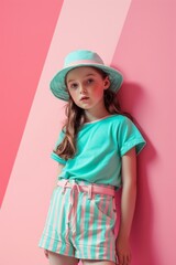 A young girl wearing a pink sun hat and skirt leans against a wall, exuding confidence and style with her fashion-forward headgear