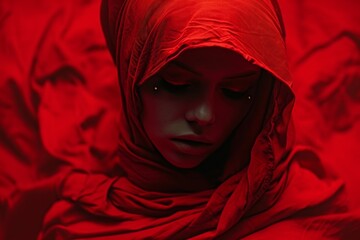 A woman's striking red scarf frames her human face, adding a bold touch of maroon and carmine to the hooded figure as she walks beside a car, embodying a sense of mystery and allure