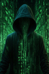 Dark hooded hacker figure surrounded by cascades of green binary code, concept for computer hacking and cybersecurity