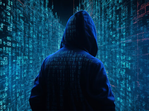 Hooded computer hacker figure seen from the back surrounded by binary code firewalls