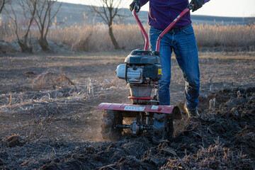 Farmer weeding the field with a tiller. Man loosens the soil cultivator.
