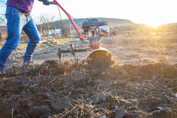 Farmer weeding the field with a tiller. Man loosens the soil cultivator.