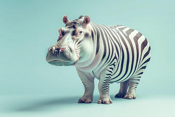 Hippo with zebra stripes on pastel blue background. Ai generative art