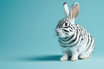 Fototapeta na wymiar Rabbit with zebra stripes on pastel blue background. Ai generative art