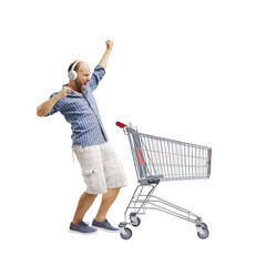 Excited man doing grocery shopping