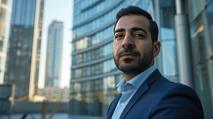 Fototapeta premium Confident Arab businessman staring into the distance in front of a modern office building, thinking about a successful future