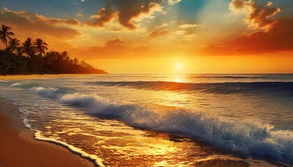 Fototapeta na wymiar Golden Oasis: Tropical Beach Seascape Soaked in the Beauty of a Calm Orange Sunset