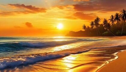 Coastal Elegance: Golden Orange Sunset Casts a Serene Glow on a Calm Tropical Beach Seascape