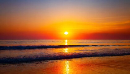 Fototapeta na wymiar Shoreline Serenade: Tranquil Tropical Beach Under the Warm Embrace of a Golden Orange Sunset