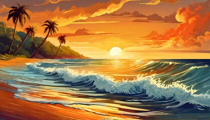 Fototapeta na wymiar Coastal Glow: Tranquil Tropical Beach Captures the Radiance of a Golden Orange Sunset