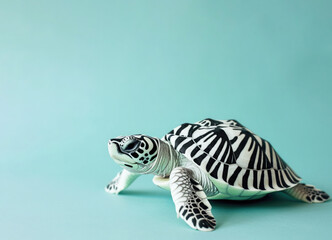 Turtle with zebra stripes on pastel blue background. Ai generative art - obrazy, fototapety, plakaty