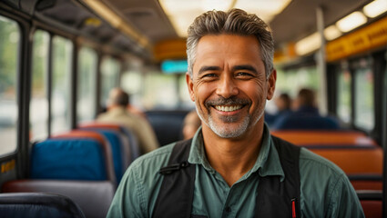 Portrait of happy bus driver - obrazy, fototapety, plakaty