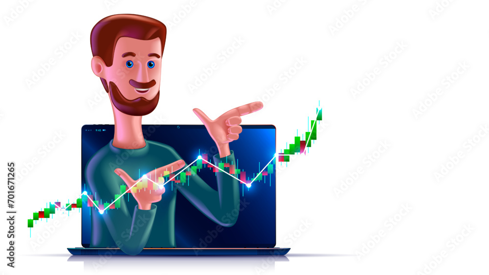 Fototapete stock market trader on screen laptop show financial investment graph. 3d vector character of stock e