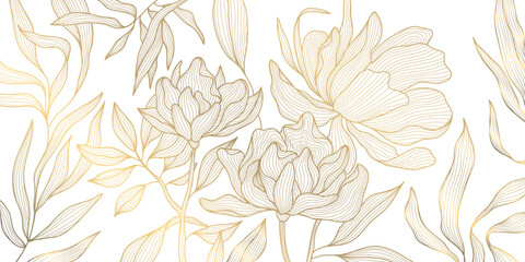 Vector gold line flower pattern, luxury art background. Leaves and peonies abstract wallpaper, texture plant ornament, wedding illustration - obrazy, fototapety, plakaty