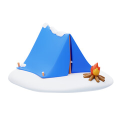 Snowy Campfire Tales: 3D Illustration of Winter Camping. 3d illustration, 3d element, 3d rendering. 3d visualization isolated on a transparent background