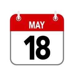 18 May, calendar date icon on white background.