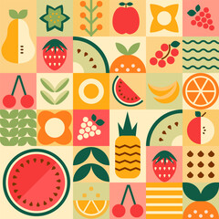 Geometry mosaic fruit pattern. Vector abstract minimal summer fruits and berries seamless background