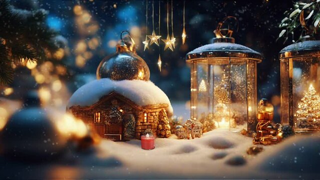 Christmas scene decoration winter hamlet with snow and lights loop