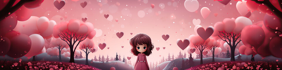 Obraz na płótnie Canvas happy cute cartoon character girl on pink festive background with hearts. Valentine's Day Greeting Card