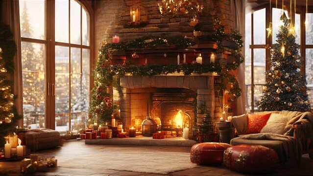 Holidays cozy room quiet calm peaceful with fireplace lights and snow loop