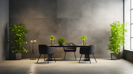 Modern office or meeting workspace interior design in elegant gray color with decorative green houseplants. Three chairs in front of the table, sunlight coming through the window. Indoors workspace