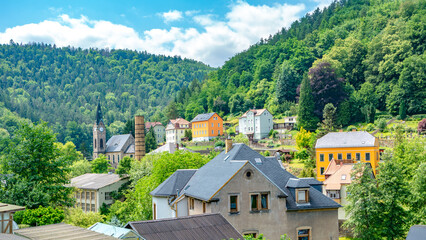 Königstein, Saxony, Germany. Panoramic over National park Saxon Switzerland. Cityscape of popular...