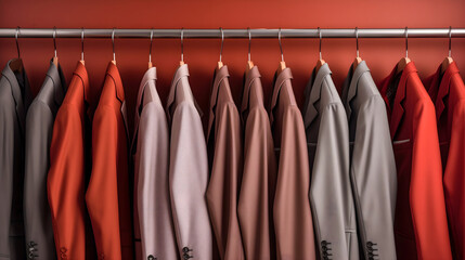 Full rack of men suit jackets of various colors hanging on the wooden clothes hanger in the wardrobe closet. Formal business wear, fashionable and luxury classic male apparel collection