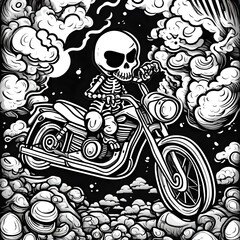 isolated black and white vector style illustration of a Cute, cartoon, skeleton riding  a motorcycle
