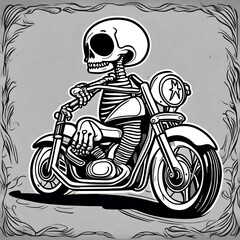 isolated black and white vector style illustration of a Cute, cartoon, skeleton riding  a motorcycle