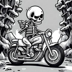 isolated black and white vector style illustration of a Cute, cartoon, skeleton riding  a motorcycle
